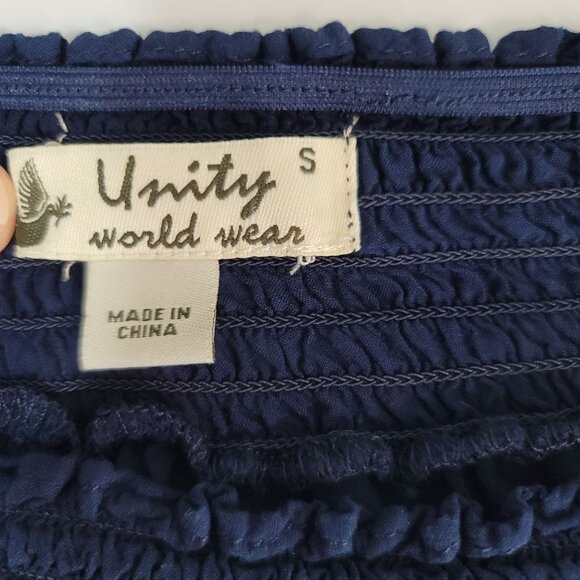 Unity World Wear Sz S Floral Navy Peasant Top Smocked 3/4 Sleeves Boho Blouse - Picture 9 of 11